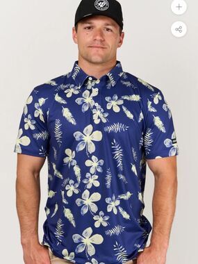 Kaipar Men's Golf Polo Medium Blue Hawaiian Floral Short Sleeve